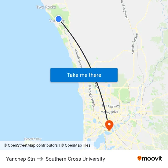 Yanchep Stn to Southern Cross University map