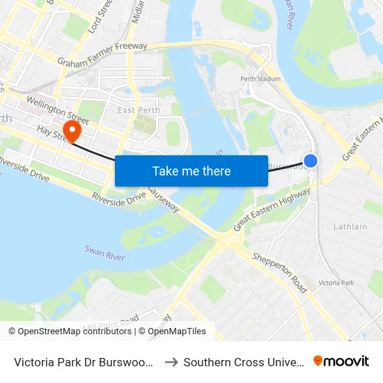 Victoria Park Dr Burswood Stn to Southern Cross University map