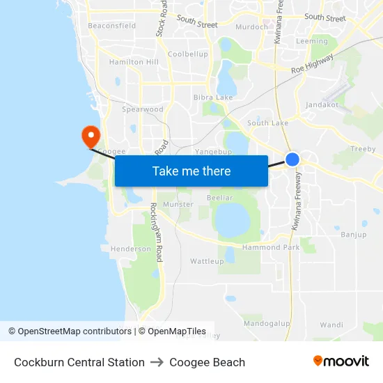 Cockburn Central Station to Coogee Beach map