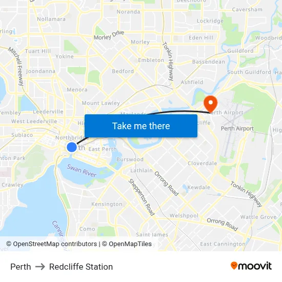 Perth to Redcliffe Station map