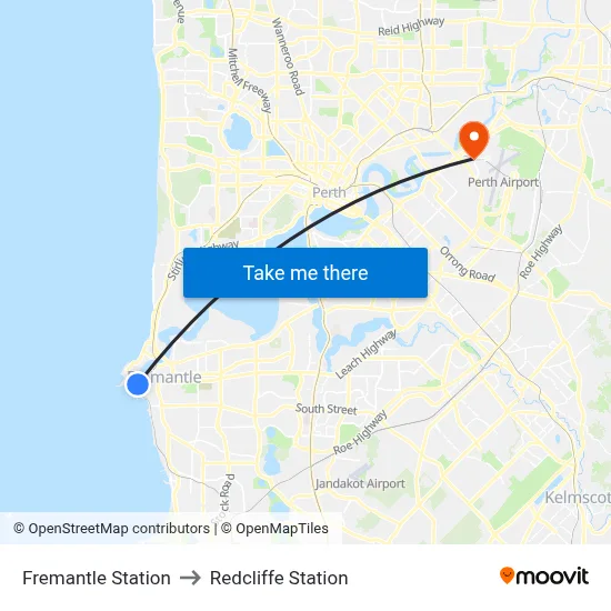 Fremantle Station to Redcliffe Station map