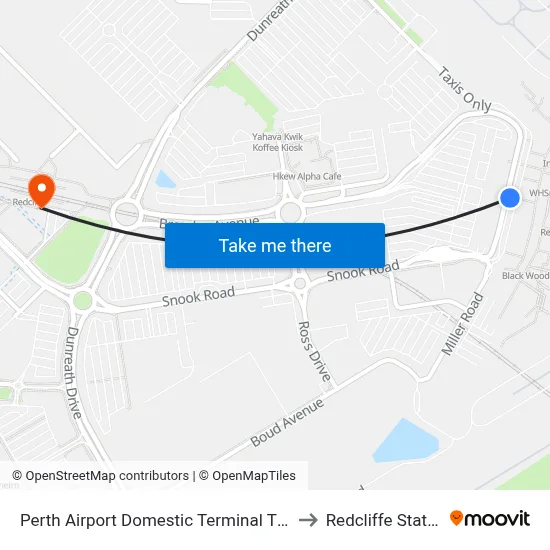 Perth Airport Domestic Terminal T3 T4 to Redcliffe Station map