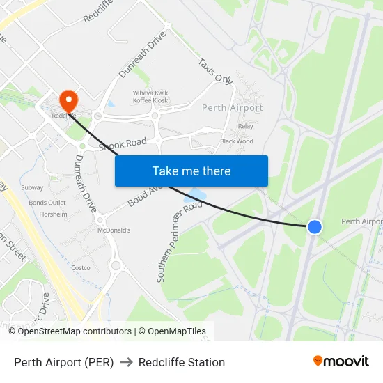 Perth Airport (PER) to Redcliffe Station map