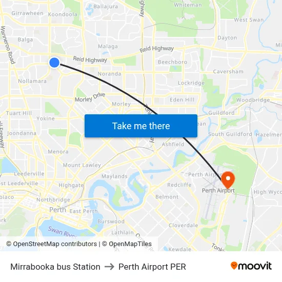Mirrabooka bus Station to Perth Airport PER map
