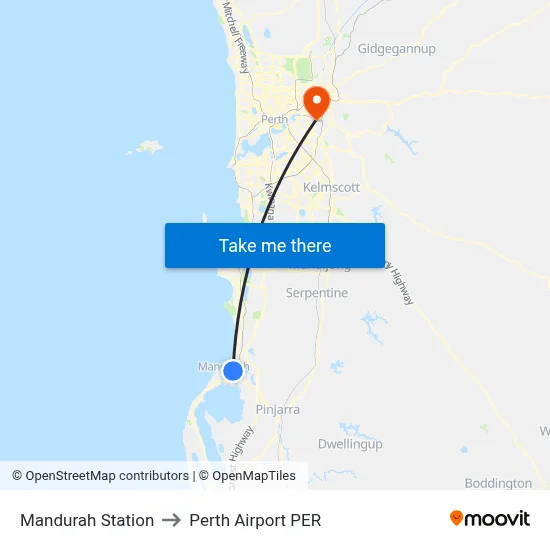 Mandurah Station to Perth Airport PER map