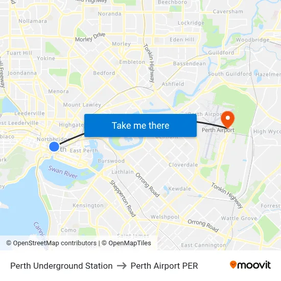 Perth Underground Station to Perth Airport PER map