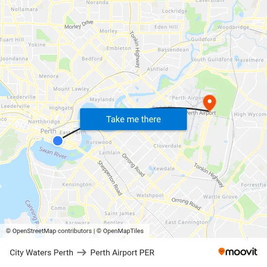 City Waters Perth to Perth Airport PER map