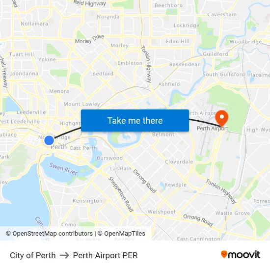 City of Perth to Perth Airport PER map