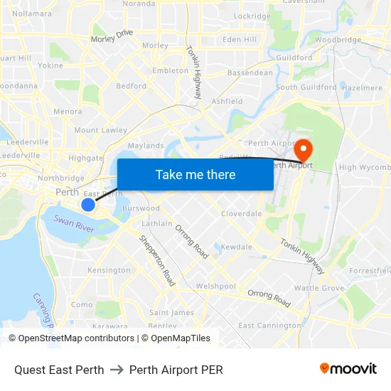 Quest East Perth to Perth Airport PER map