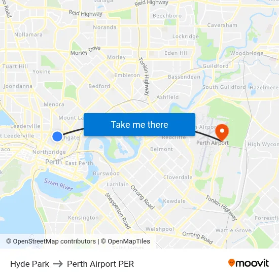 Hyde Park to Perth Airport PER map