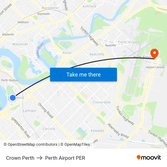 Crown Perth to Perth Airport PER map