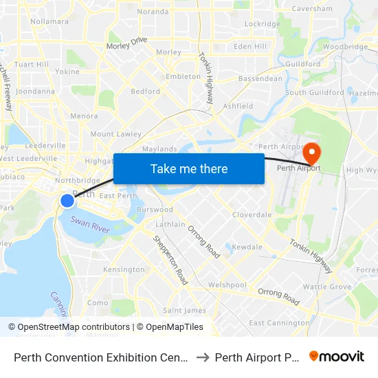 Perth Convention Exhibition Centre to Perth Airport PER map