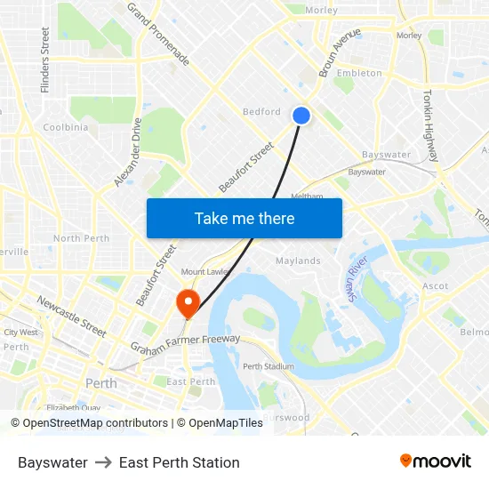 Bayswater to East Perth Station map