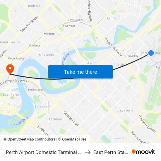 Perth Airport Domestic Terminal T3 T4 to East Perth Station map