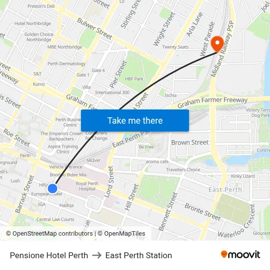 Pensione Hotel Perth to East Perth Station map