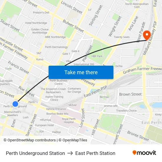 Perth Underground Station to East Perth Station map
