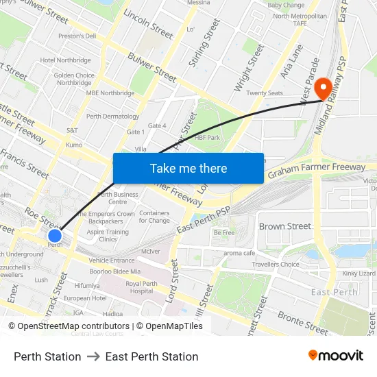 Perth Station to East Perth Station map