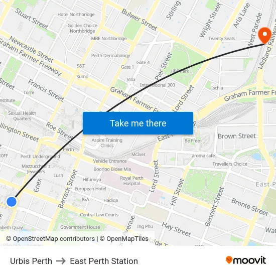 Urbis Perth to East Perth Station map