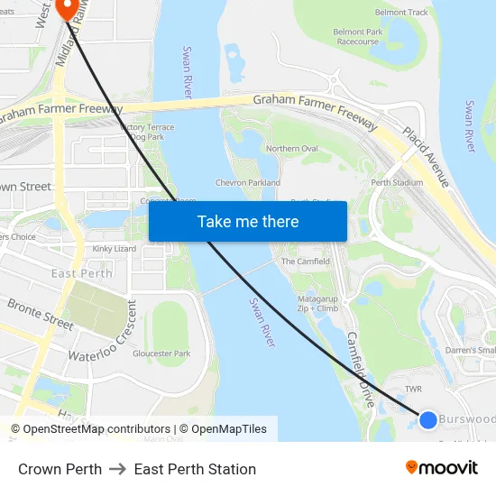 Crown Perth to East Perth Station map