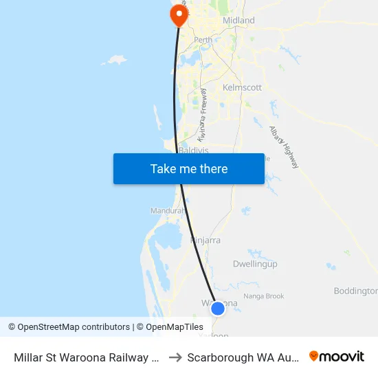 Millar St Waroona Railway Station to Scarborough WA Australia map
