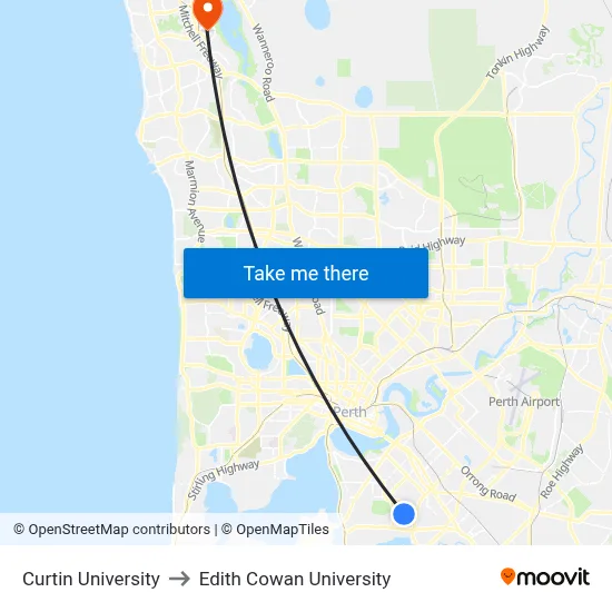 Curtin University to Edith Cowan University map
