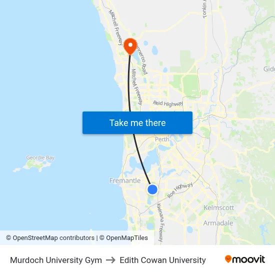 Murdoch University Gym to Edith Cowan University map