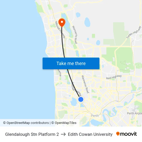 Glendalough Stn Platform 2 to Edith Cowan University map