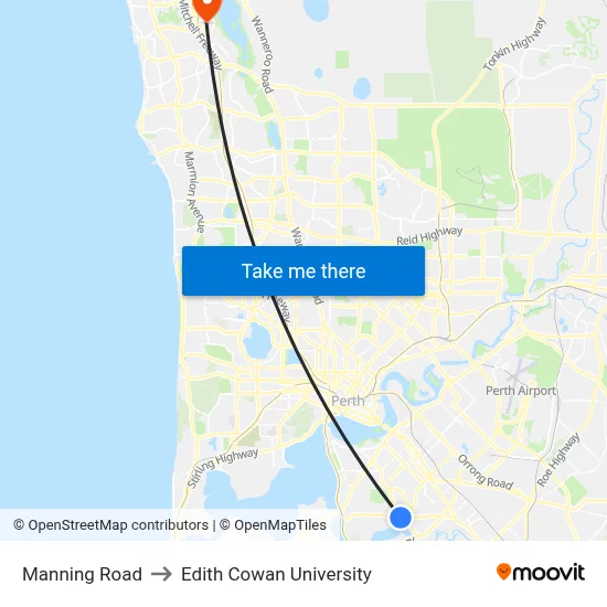 Manning Road to Edith Cowan University map