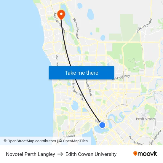 Novotel Perth Langley to Edith Cowan University map