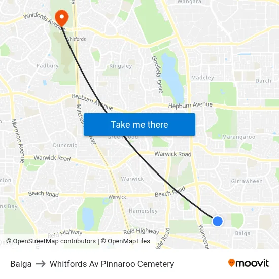 Balga to Whitfords Av Pinnaroo Cemetery map
