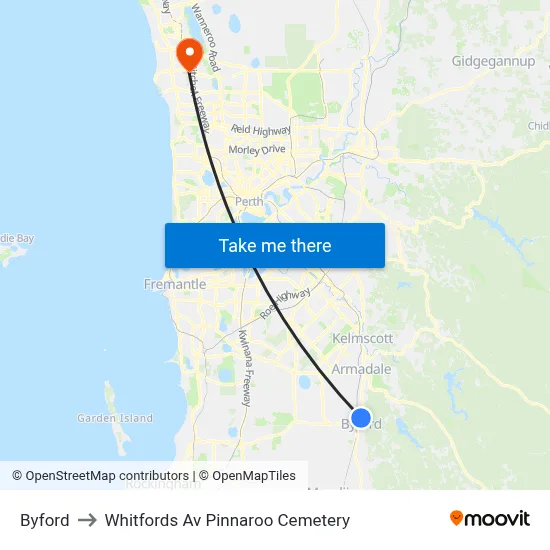 Byford to Whitfords Av Pinnaroo Cemetery map