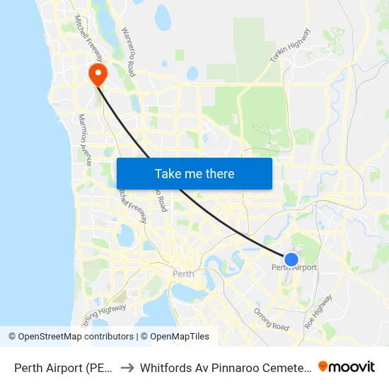 Perth Airport (PER) to Whitfords Av Pinnaroo Cemetery map