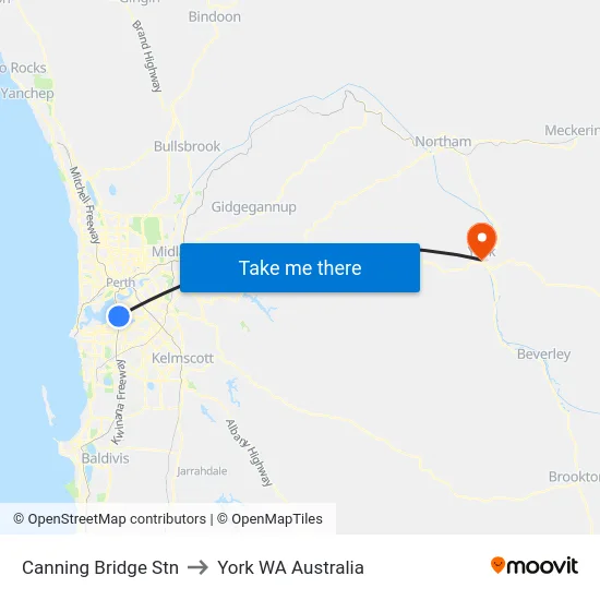 Canning Bridge Stn to York WA Australia map