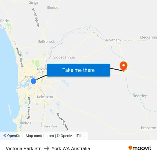 Victoria Park Stn to York WA Australia map