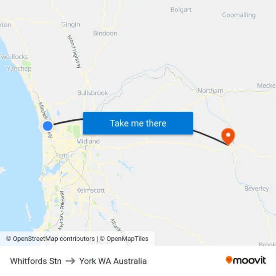 Whitfords Stn to York WA Australia map