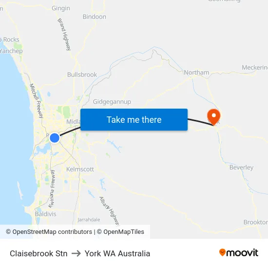 Claisebrook Stn to York WA Australia map