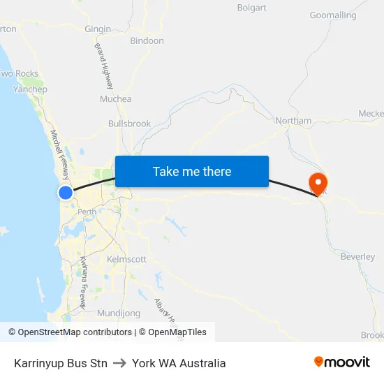Karrinyup Bus Stn to York WA Australia map