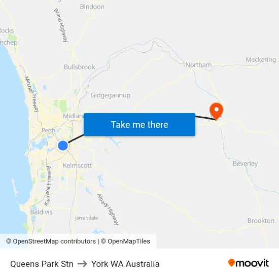 Queens Park Stn to York WA Australia map