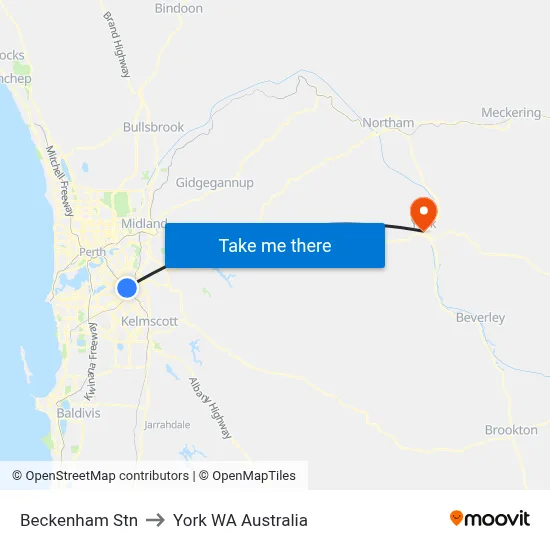 Beckenham Stn to York WA Australia map