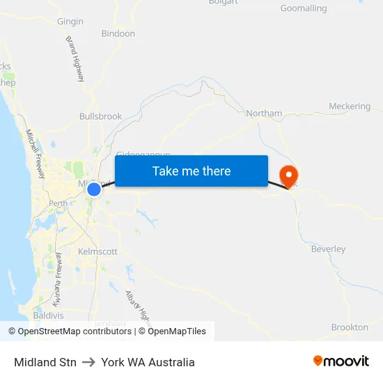 Midland Stn to York WA Australia map