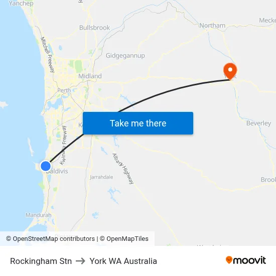Rockingham Stn to York WA Australia map