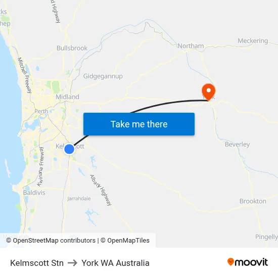 Kelmscott Stn to York WA Australia map
