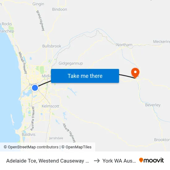 Adelaide Tce, Westend Causeway Eastbound to York WA Australia map