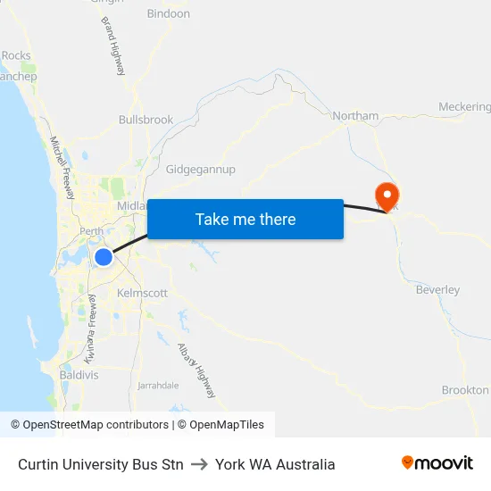 Curtin University Bus Stn to York WA Australia map