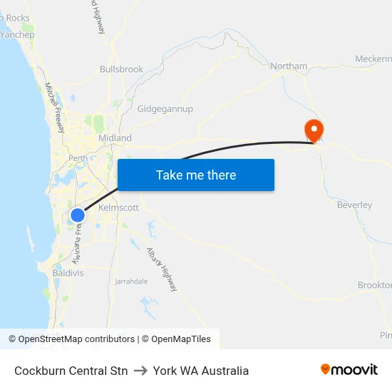 Cockburn Central Stn to York WA Australia map