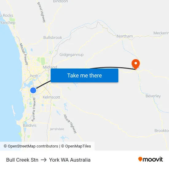 Bull Creek Stn to York WA Australia map
