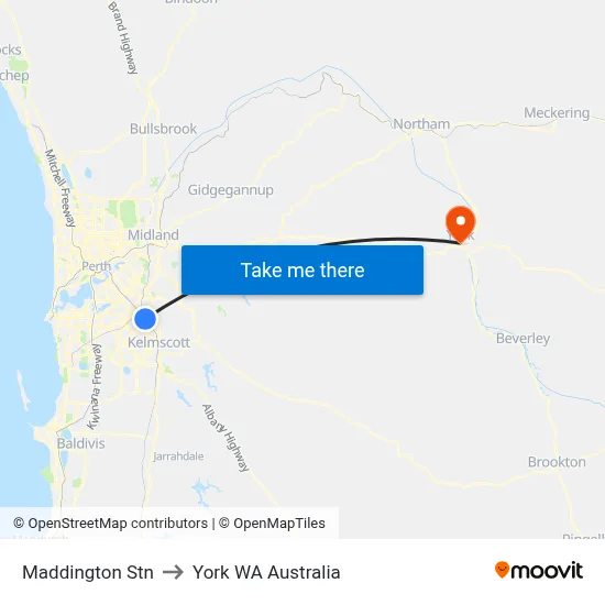Maddington Stn to York WA Australia map