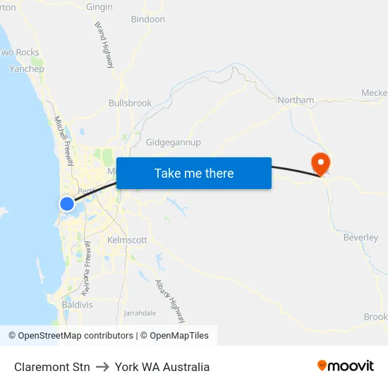 Claremont Stn to York WA Australia map