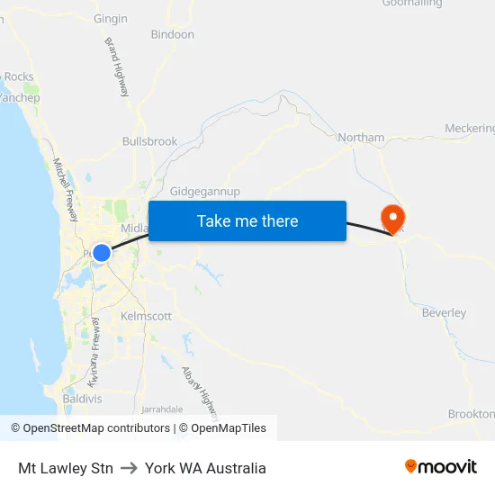 Mt Lawley Stn to York WA Australia map