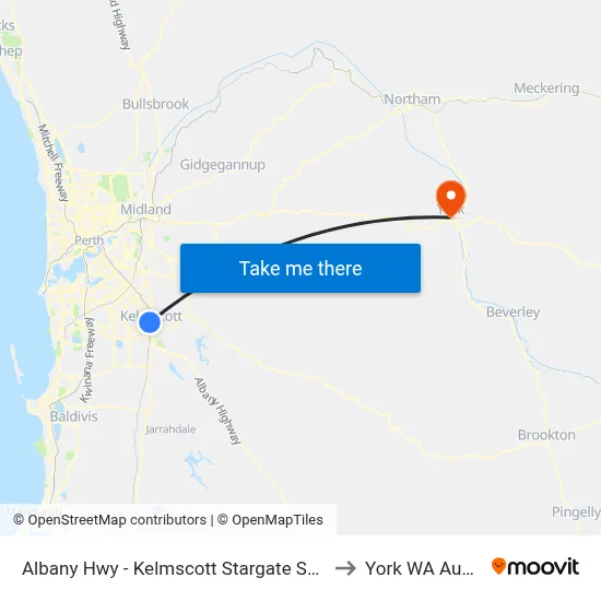 Albany Hwy - Kelmscott Stargate Shopping Ctr to York WA Australia map